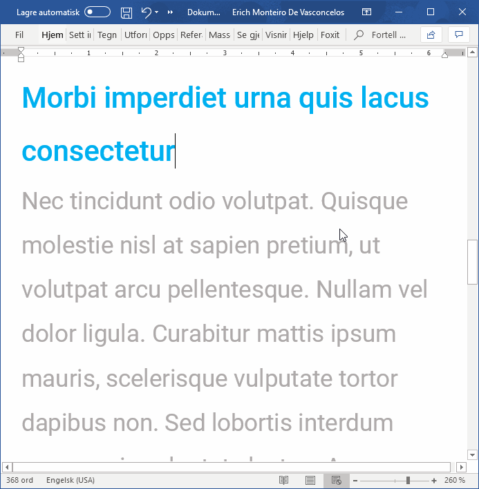 Screenshot of Word showing incorrect contrast between text and background
